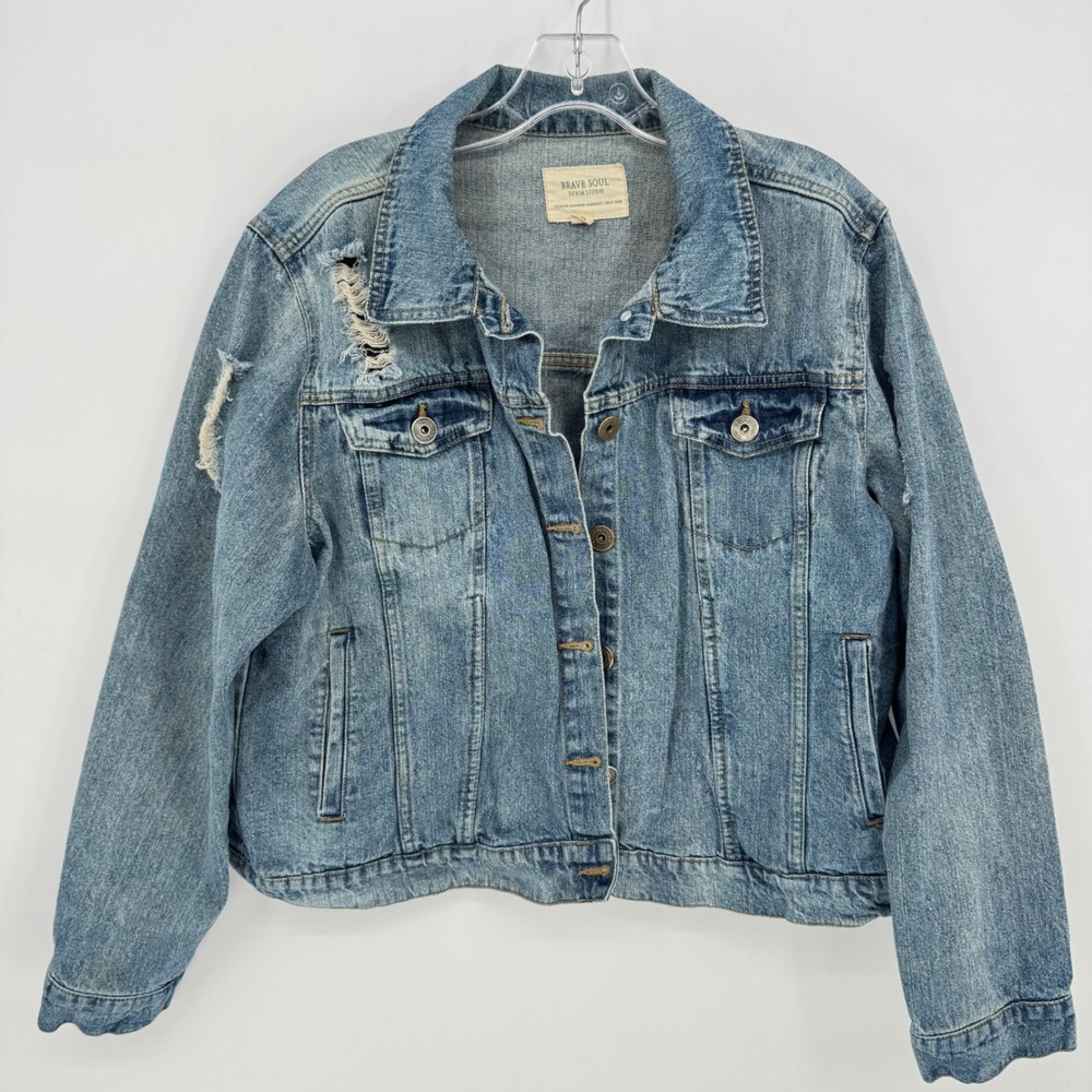 Brave Soul Denim Studio Distressed Cropped Blue Jean Jacket Women Size large